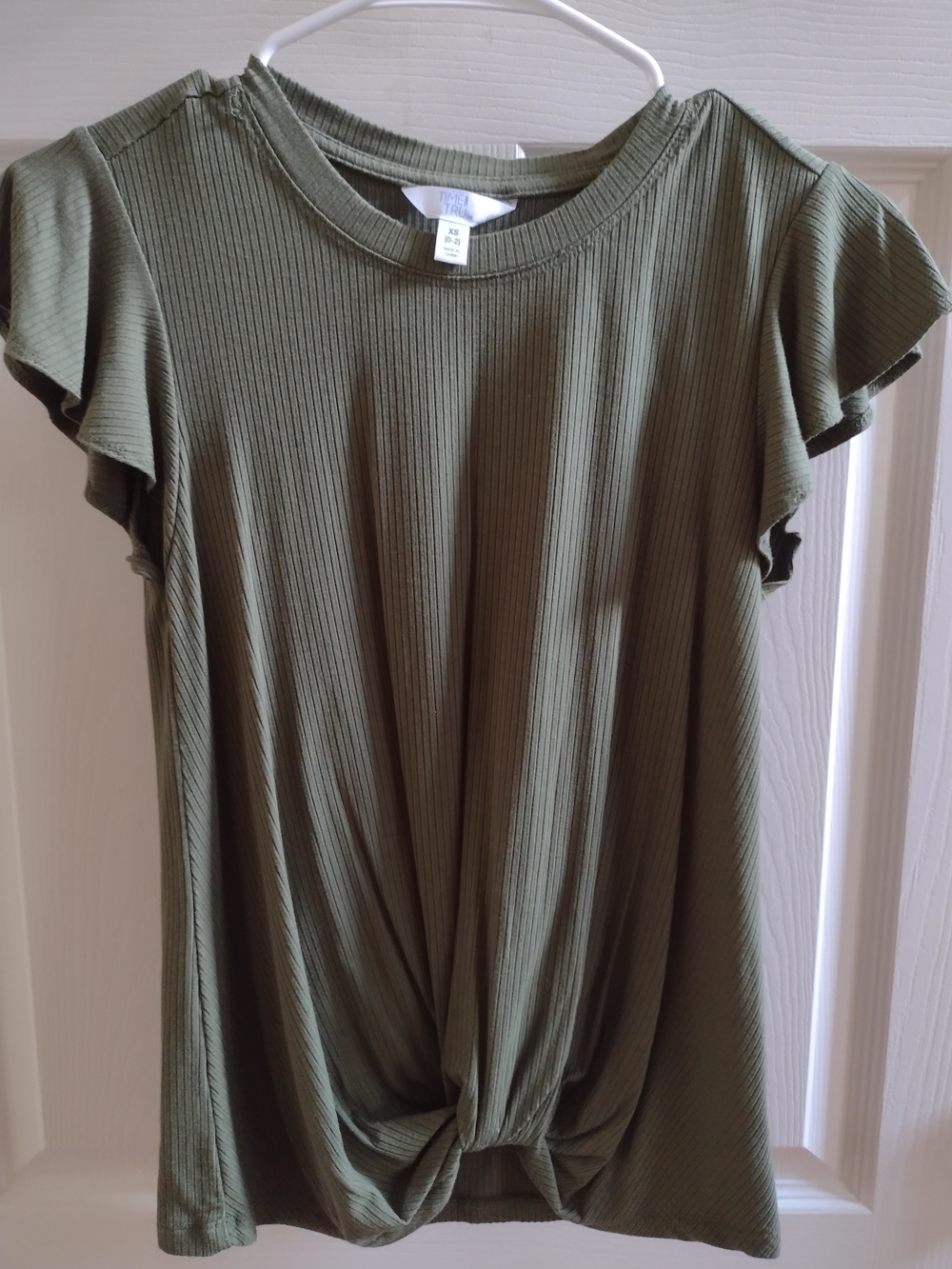 Time and Tru Olive Green Ribbed Knot-Front Short Sleeve Top